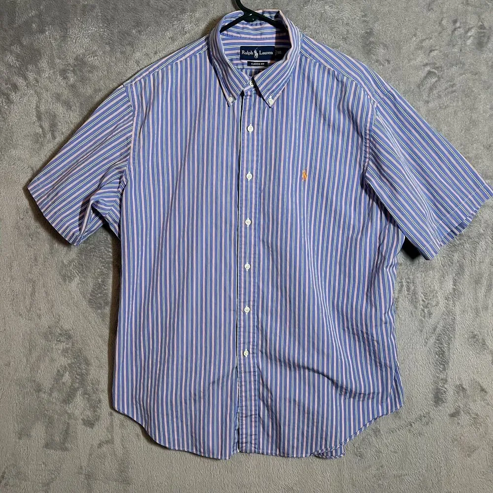 Ralph Lauren Shirt Mens XL Blue Orange‎ Striped Classic Fit SS Button Down